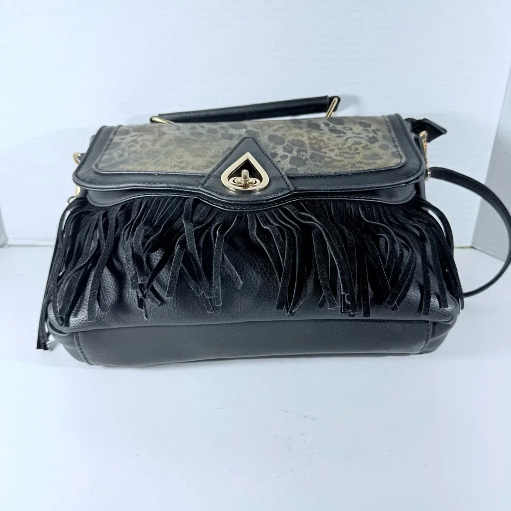 Femina Fringe Leopard Print Black Handbag Gold Interior Detachable Strap - Picture 6 of 16